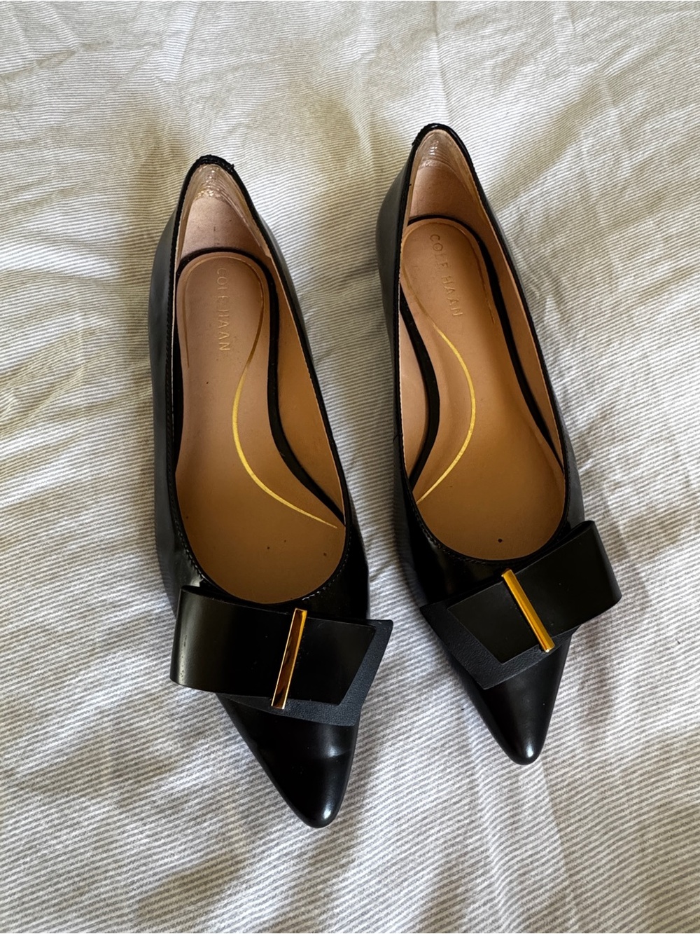 Cole Haan Black Pointed Bow Flats with Gold Accent. Size 7. Worn Once.